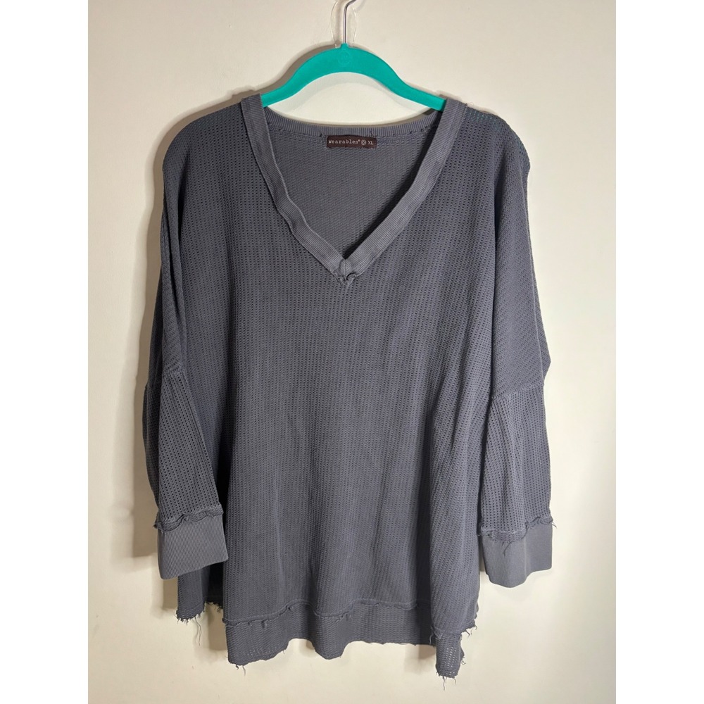 Wearables by XCVI Womens XL Charcoal Grey Mesh Knit Long Sleeve Distressed Top
